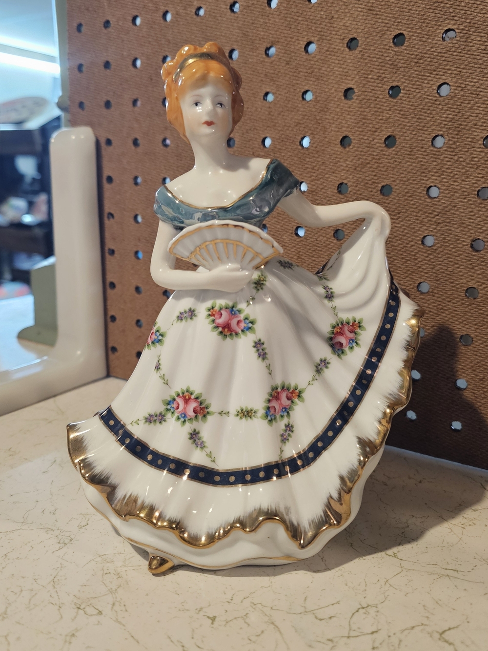 Vintage Porcelain Lady Figurine in White, Blue and Gold